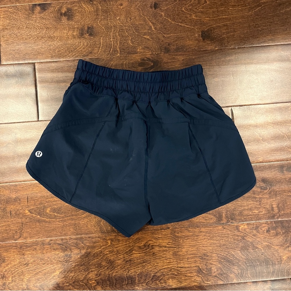 Lululemon Navy Track That 3 inch shorts